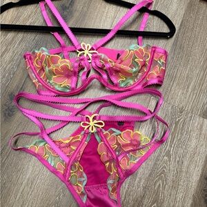 For Love And Lemons Pink Floral Lace Bra Set